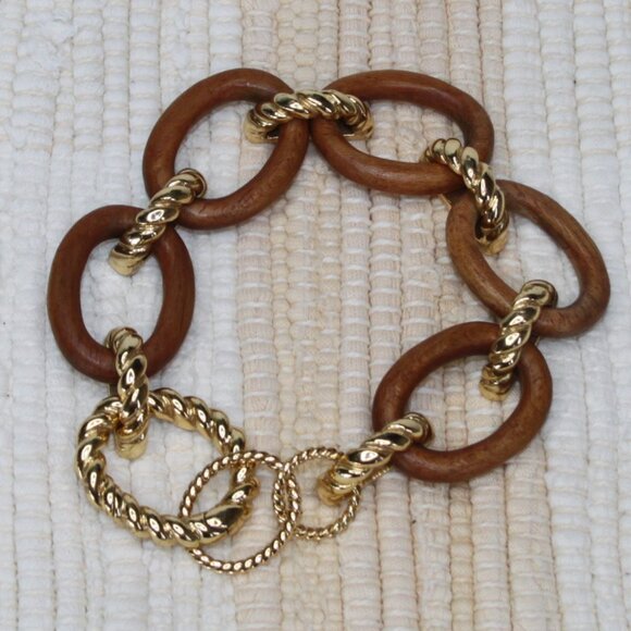 CAPUCINE DE WULF EARTH GODDESS TEAK LINK BRACELET 18k GOLD OVER BRASS LOBSTER CL - Picture 3 of 15